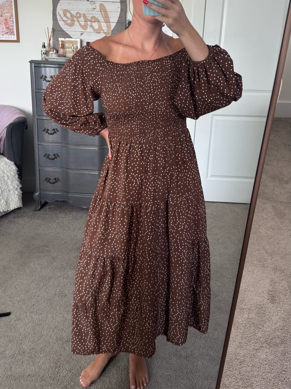 Smocked Brown Polka Dot Midi Dress with Puff Sleeves